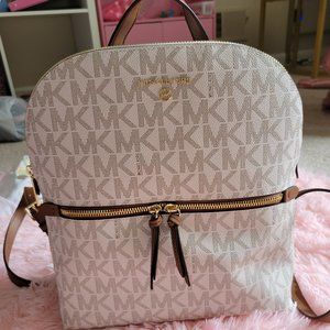 MICHAEL KORS Cindy MK Signature Beige Large Backpack Bag Gold Logo Retails $298